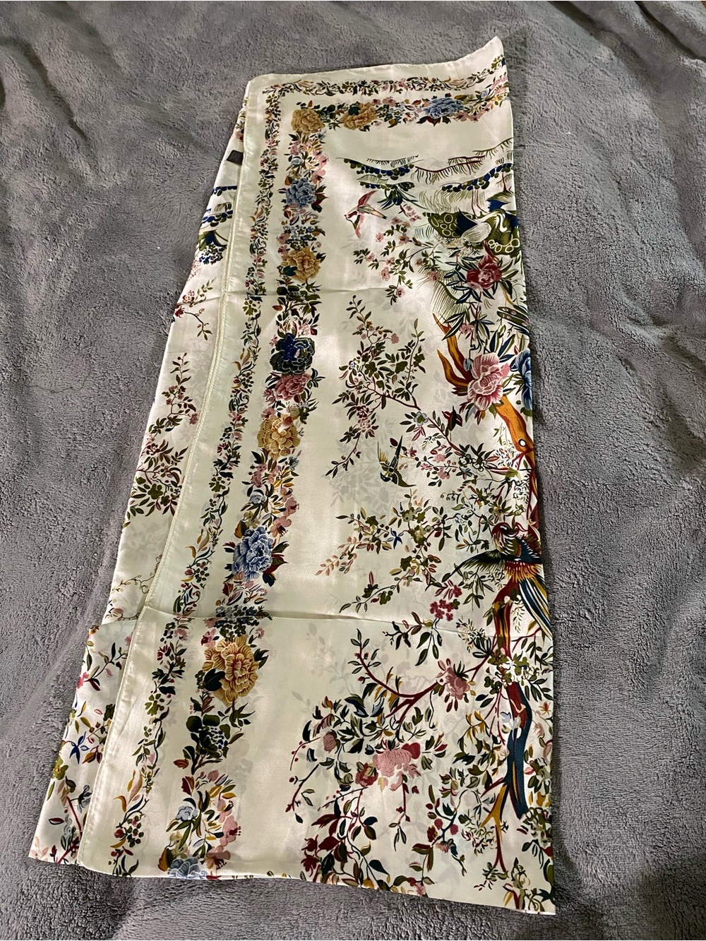 Floral Silk-Feel Scarf with Bird Motif - Cream Base